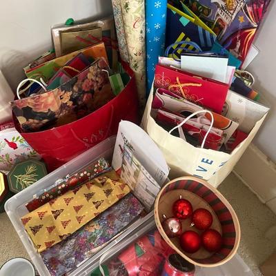 Christmas wrap, ribbons, gift bags & decor
