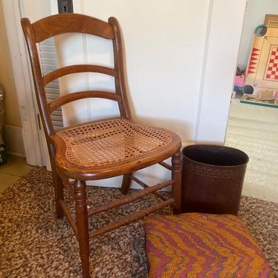 Vintage chair, footstool, and wastebasket basket