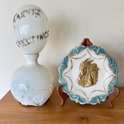 3 Antique Milk Glass Lot - Antique Victorian Hand Painted Egg, Vase, Indian Chief Plate
