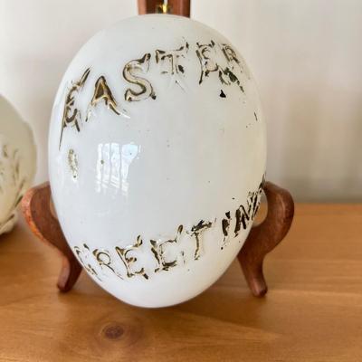 3 Antique Milk Glass Lot - Antique Victorian Hand Painted Egg, Vase, Indian Chief Plate