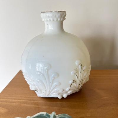 3 Antique Milk Glass Lot - Antique Victorian Hand Painted Egg, Vase, Indian Chief Plate