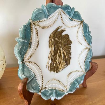 3 Antique Milk Glass Lot - Antique Victorian Hand Painted Egg, Vase, Indian Chief Plate