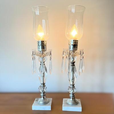 Pair of Crystal Hurricane Mantle Lamps