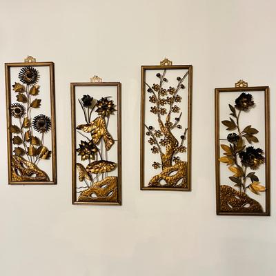 Set of 4 Vintage MCM 3D Floral Framed Metal Wall Panels 20"x8" Art