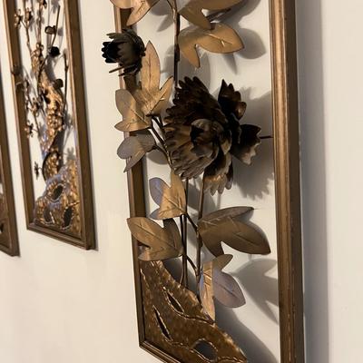Set of 4 Vintage MCM 3D Floral Framed Metal Wall Panels 20"x8" Art