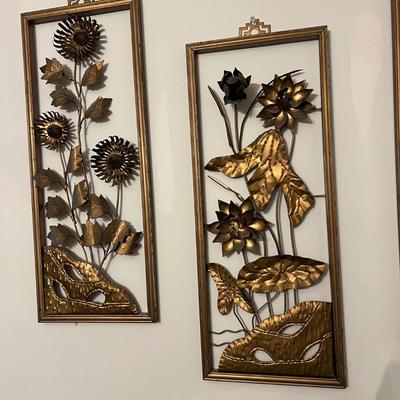 Set of 4 Vintage MCM 3D Floral Framed Metal Wall Panels 20"x8" Art
