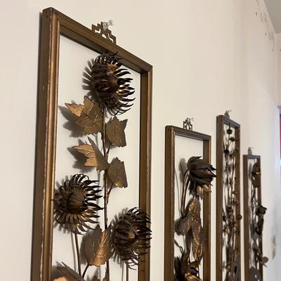 Set of 4 Vintage MCM 3D Floral Framed Metal Wall Panels 20"x8" Art