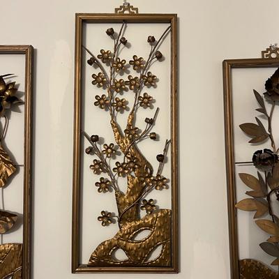 Set of 4 Vintage MCM 3D Floral Framed Metal Wall Panels 20"x8" Art