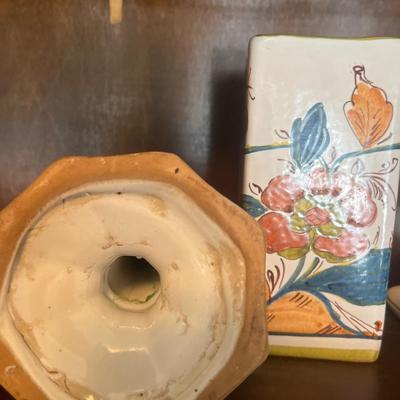Hand painted candlesticks and vase