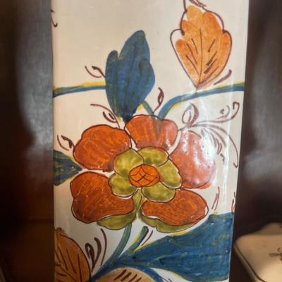 Hand painted candlesticks and vase