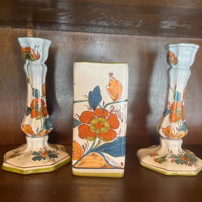 Hand painted candlesticks and vase