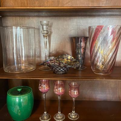 Vases, carnival, glass, and candlesticks
