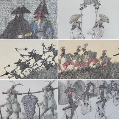 Five Framed Paul Flora Pencil Signed Prints (LR-DZ)