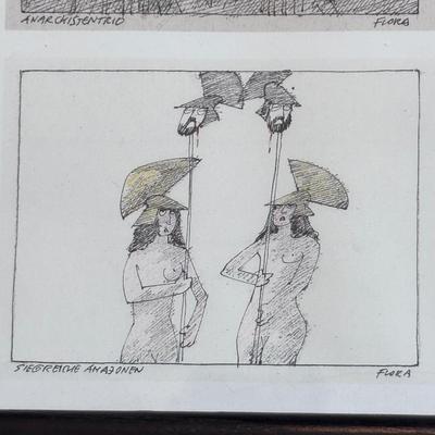 Five Framed Paul Flora Pencil Signed Prints (LR-DZ)