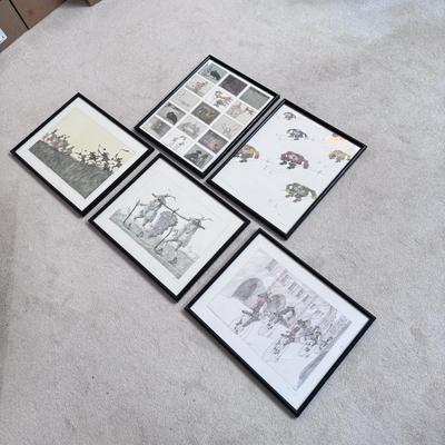 Five Framed Paul Flora Pencil Signed Prints (LR-DZ)