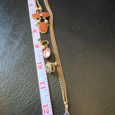 Vintage Gold Filled Jewlery Lot - Van Dell Goldstone Pearl Set, GF Necklace, GF Earrings