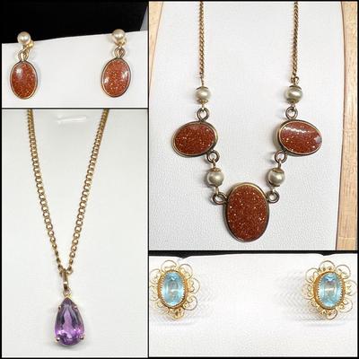 Vintage Gold Filled Jewlery Lot - Van Dell Goldstone Pearl Set, GF Necklace, GF Earrings
