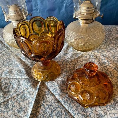 Vintage Kanawha Amber Glass Candy Dish, 2 Vintage Oil Burning Lamps