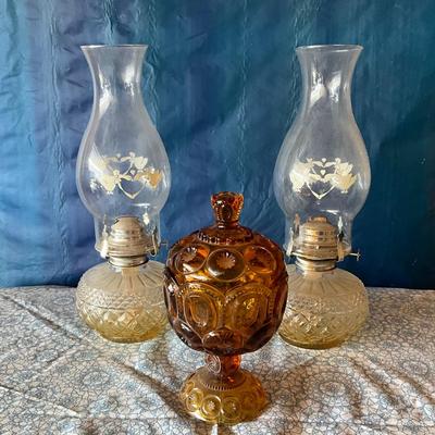 Vintage Kanawha Amber Glass Candy Dish, 2 Vintage Oil Burning Lamps