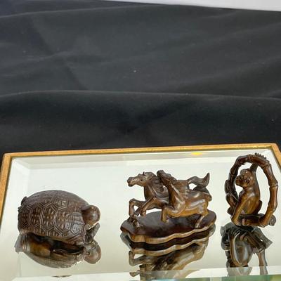 3 Wooden Japanese Netsuke Hand carved figures