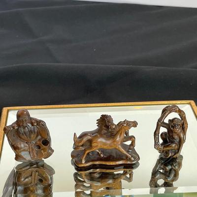 3 Wooden Japanese Netsuke Hand carved figures