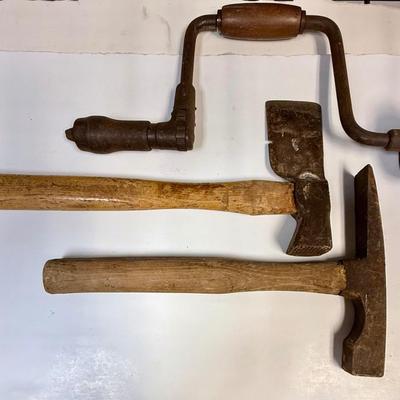 Mixed Lot of Tools: Brace, Rock Hammer and Hatchet