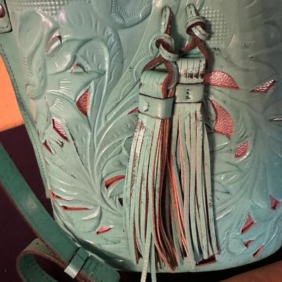 PATRICIA NASH OCTAVIA TEAL BUCKET BAG TOOLED LEATHER