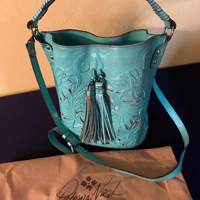 PATRICIA NASH OCTAVIA TEAL BUCKET BAG TOOLED LEATHER