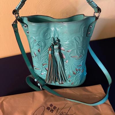 PATRICIA NASH OCTAVIA TEAL BUCKET BAG TOOLED LEATHER
