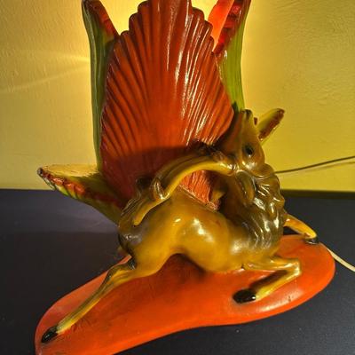 VINTAGE 1950'S CHALKWARE GAZELLE WITH PALM TV LAMP