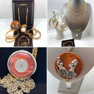 LOT 571: Vintage Jewelry Collection - Lady Nelson Antimagnetic Swiss Made Necklace Watch, Monkey Couple Medallion Necklace and Gold Tone...