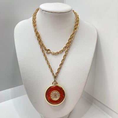 LOT 571: Vintage Jewelry Collection - Lady Nelson Antimagnetic Swiss Made Necklace Watch, Monkey Couple Medallion Necklace and Gold Tone...