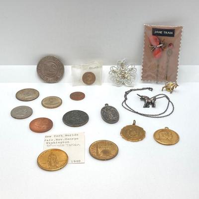 LOT 572: Collection of Vintage U.S. Coins, Tokens and Jewelry - Silver and Gold Plated and More