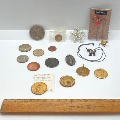 LOT 572: Collection of Vintage U.S. Coins, Tokens and Jewelry - Silver and Gold Plated and More