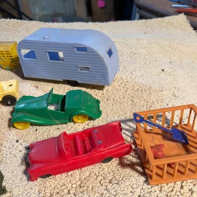Vintage plastic camper, cars, train cars