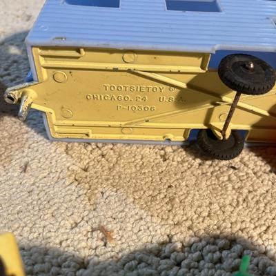 Vintage plastic camper, cars, train cars