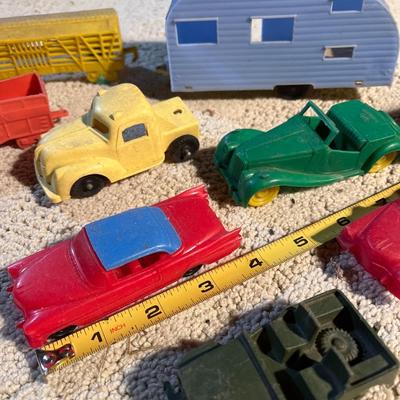 Vintage plastic camper, cars, train cars