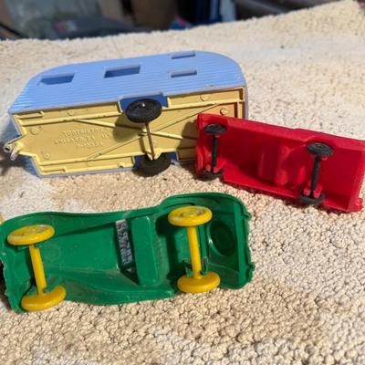 Vintage plastic camper, cars, train cars