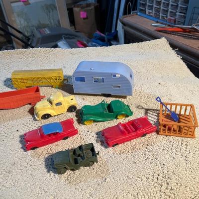 Vintage plastic camper, cars, train cars