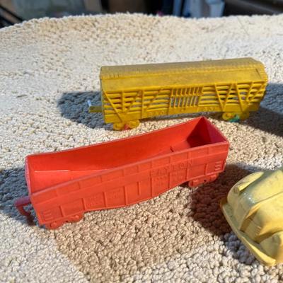 Vintage plastic camper, cars, train cars