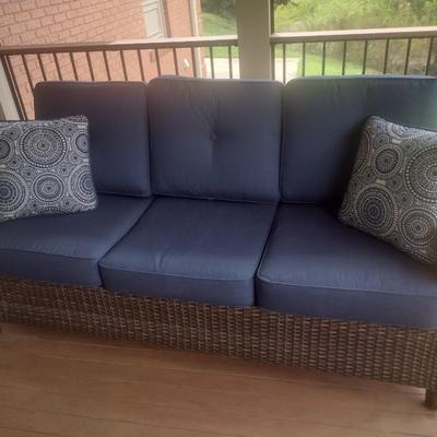 Casual Faux Wicker Outdoor Patio Sofa with Sunbrella Cushions and Hickory Series Cover Accessory