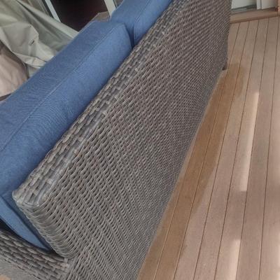 Casual Faux Wicker Outdoor Patio Sofa with Sunbrella Cushions and Hickory Series Cover Accessory