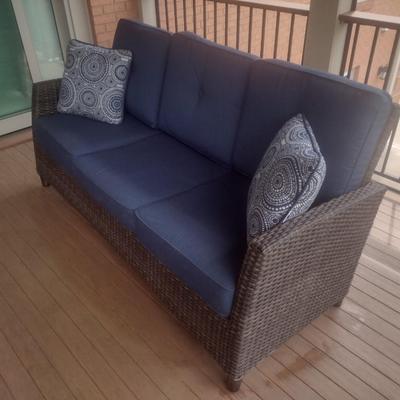 Casual Faux Wicker Outdoor Patio Sofa with Sunbrella Cushions and Hickory Series Cover Accessory
