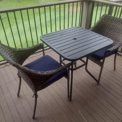 Casual Faux Wicker Outdoor Patio Chair with Metal Table Set with Allen Roth Cushions and Hickory Series Cover Accessory