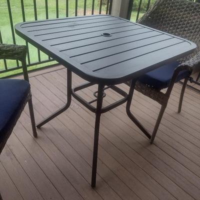 Casual Faux Wicker Outdoor Patio Chair with Metal Table Set with Allen Roth Cushions and Hickory Series Cover Accessory