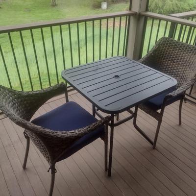 Casual Faux Wicker Outdoor Patio Chair with Metal Table Set with Allen Roth Cushions and Hickory Series Cover Accessory