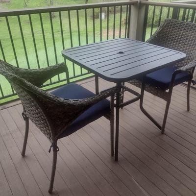 Casual Faux Wicker Outdoor Patio Chair with Metal Table Set with Allen Roth Cushions and Hickory Series Cover Accessory