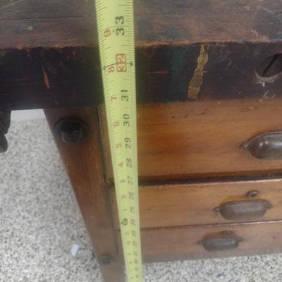 Antique Solid Wood Multi-Drawer Work Bench with Vise Attachment