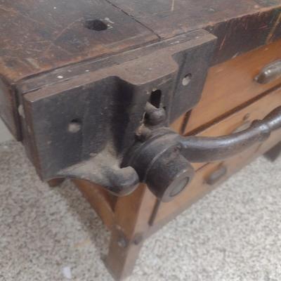 Antique Solid Wood Multi-Drawer Work Bench with Vise Attachment