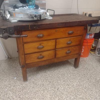 Antique Solid Wood Multi-Drawer Work Bench with Vise Attachment